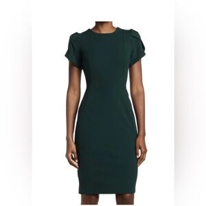 Calvin Klein Sheath Dress Dark Green Tulip Sleeve Size 2 Knee Length Gold Zip